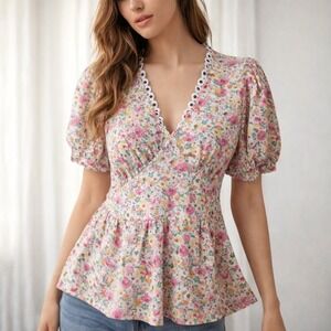 Fifty Street Floral Peplum Top Womens M Pink Boho Cottagecore Puff Sleeve Y2K